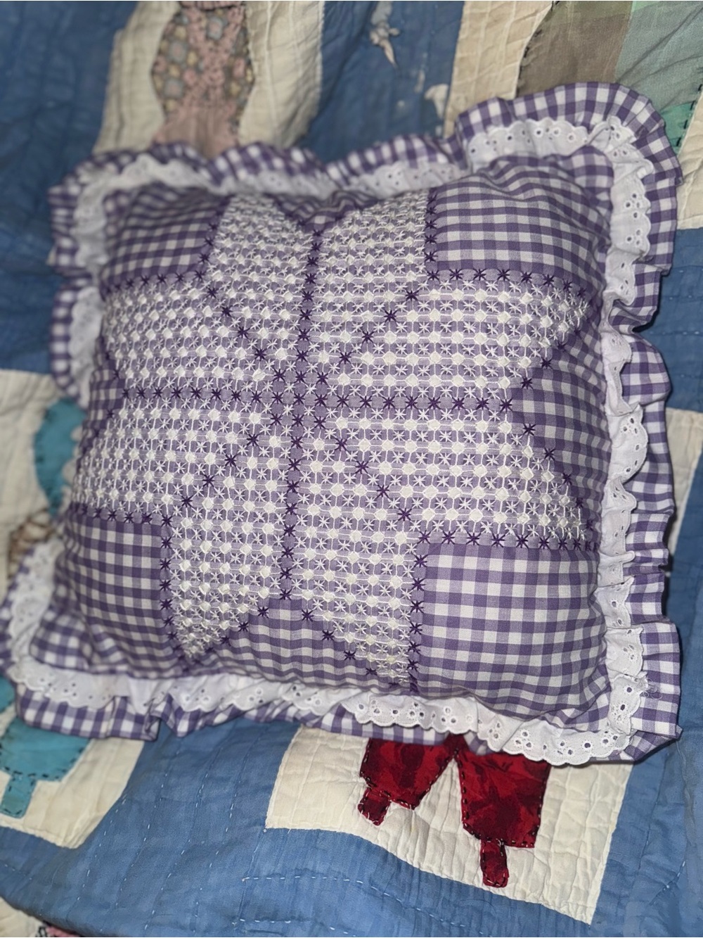 Vintage purple gingham embroidered throw pillow
